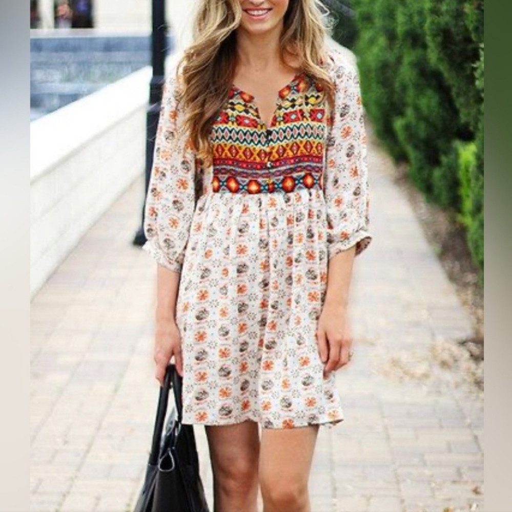 Umgee Free Spirit Southwest Aztec Print 3/4 Length Sleeve Mini Dress Size Medium